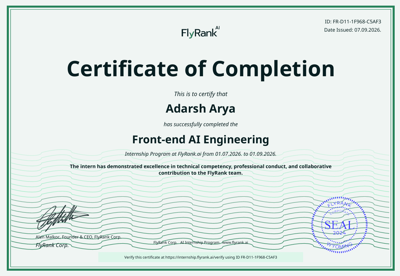 Front-End AI Engineering Intern at FlyRank AI